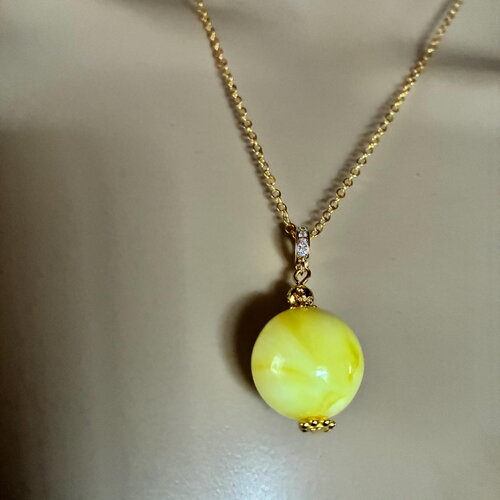Pendentif ambre jaune perle ronde 16mm collier chaîne 45 cm en acier inoxydable doré bijou femme homme