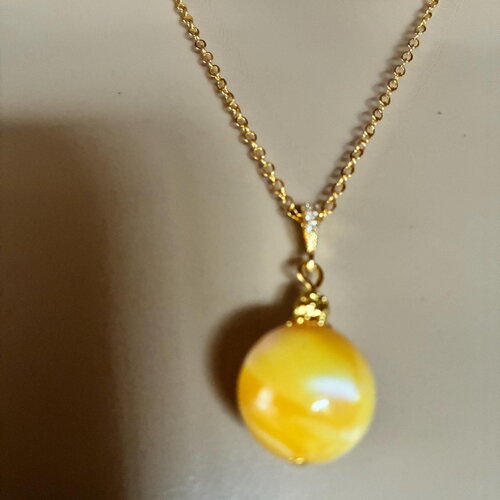 Pendentif ambre jaune perle ronde 18mm collier chaîne 45 cm en acier inoxydable doré bijou femme homme