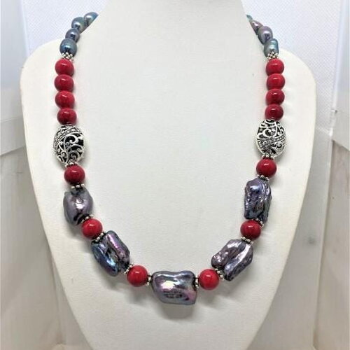 Collier corail rouge perles de culture noires baroque collier 50 cm  bijou femme.