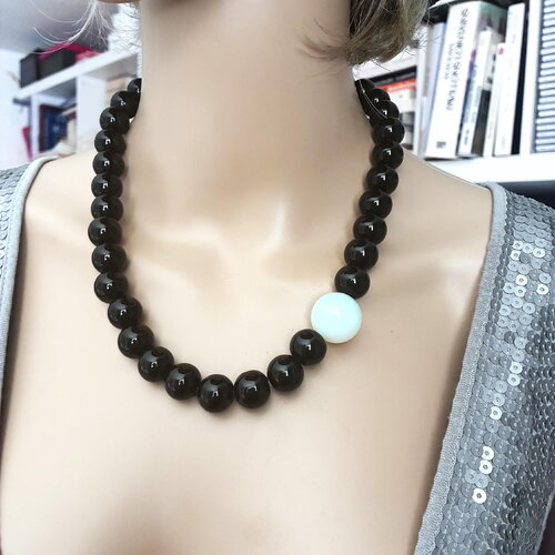 Collier onyx noir pierre de lune 50 cm grosses perles bijou femme