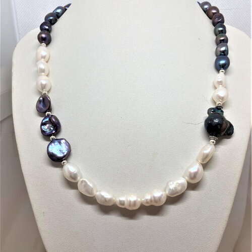 Collier perles de culture baroque noires et blanches collier 48 cm bijou femme