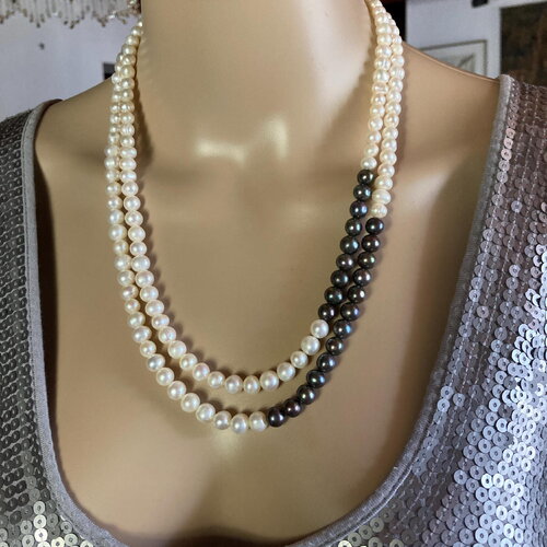 Collier perles de culture blanches et noires collier double rangs 57 cm bijou femme