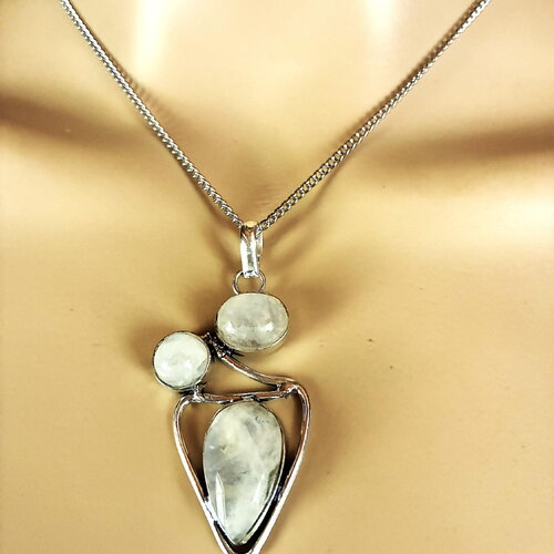 Pendentif pierre de lune arc en ciel collier chaîne acier inoxydable 45 cm, bijou femme.