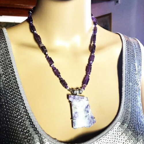 Collier améthyste superbe pendentif en lépidolite 51 cm bijoux femme pierres fines