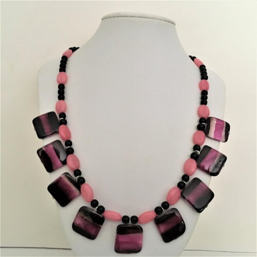 Onyx morganite et agate collier 53 cm pierres fines véritables superbe bijou femme.