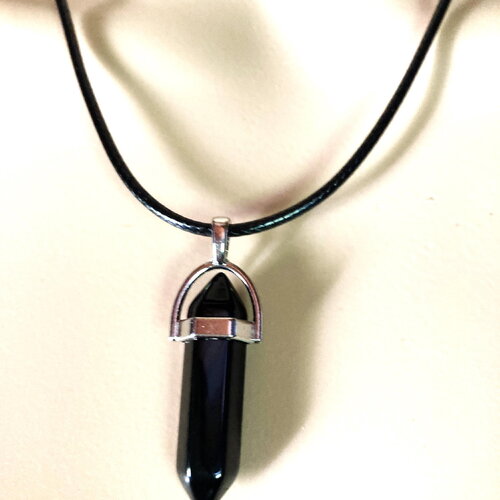 Pendentif onyx noir pierre pointe sur collier cordon noir 45/50 cm bijou homme femme
