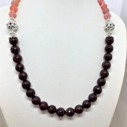 Grenat facetté, agate veinée mat collier 46 cm argent tibétain bijou femme