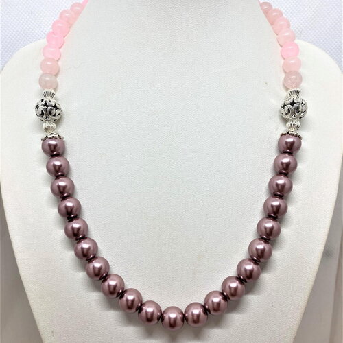 Quartz rose et perles nacrées collier 47 cm bijou femme