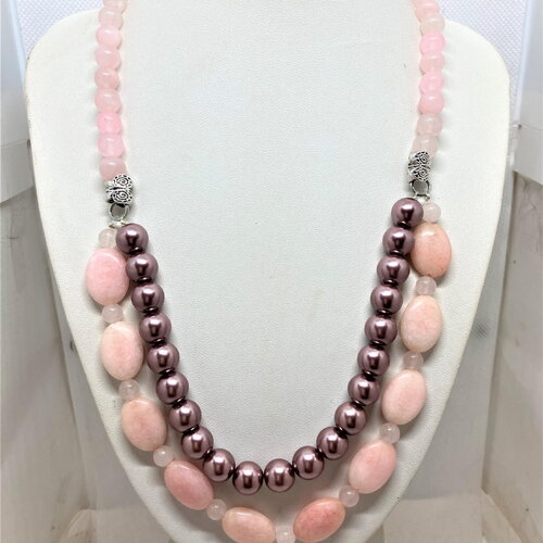 Quartz rose et perles nacrées élégant collier 52 cm 2 rangs bijou femme