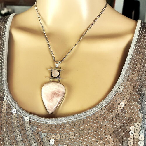 Pendentif argent quartz rose sur collier chaîne acier inoxydable argentée 45 cm bijou femme