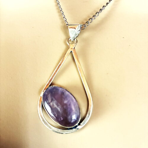 Pendentif améthyste collier chaîne acier inoxydable 45 cm, bijou femme.