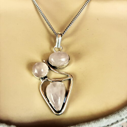 Pendentif argent quartz rose sur collier chaîne acier inoxydable argentée 45 cm bijou femme