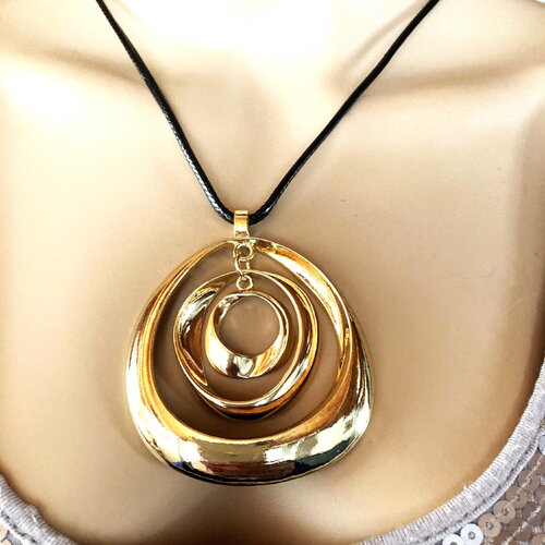 Pendentif doré acier inoxydable moderne sur collier/sautoir cordon en coton noir 90 cm bijou femme