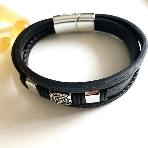 Bracelet noir 3 rangs fermoir magnétique tendance bijou homme