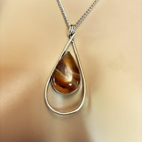Pendentif argent pierre sardonyx sur collier chaîne acier inoxydable argentée 50 cm bijou femme