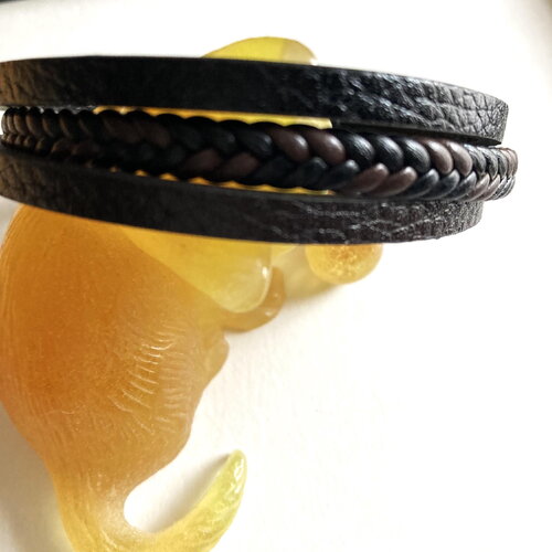 Bracelet noir et marron 3 rangs fermoir magnétique tendance bijou homme