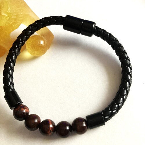 Bracelet tressé noir perles oeil de tigre fermoir magnétique bijou homme