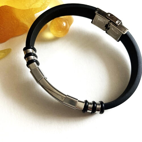 Bracelet plat noir fermoir classique tendance bijou homme