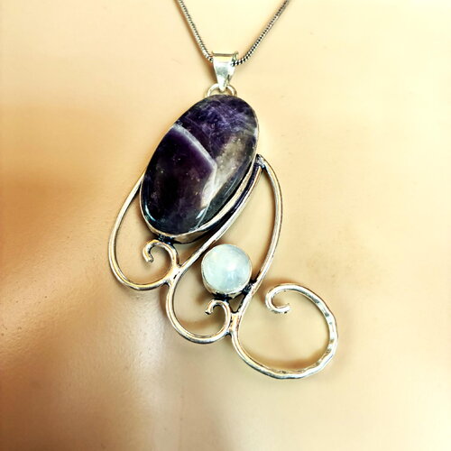 Pendentif argent en améthyste sur collier chaîne acier inoxydable argentée 45 cm bijou femme