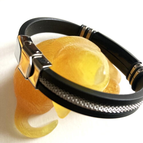 Bracelet plat noir fermoir classique tendance bijou homme