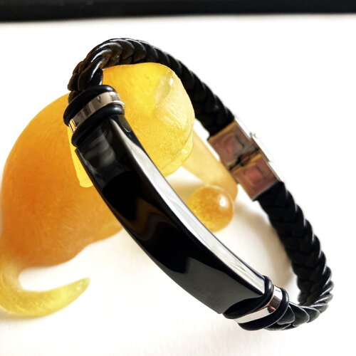 Bracelet plat noir tressé fermoir classique tendance bijou homme