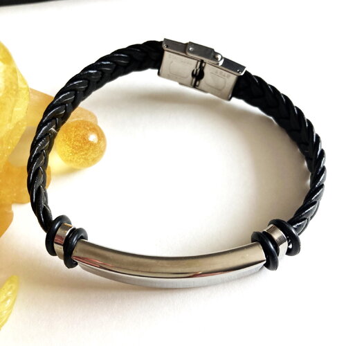 Bracelet plat noir tressé fermoir classique tendance bijou homme