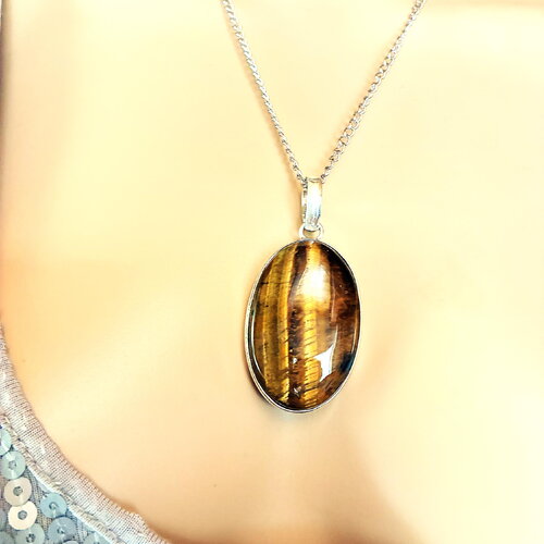 Pendentif oeil de tigre collier chaîne acier inoxydable 50 cm, bijou femme.