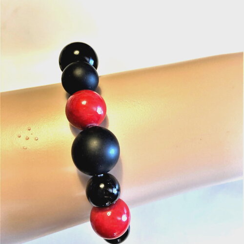 Bracelet corail rouge onyx noir pierres fines 16/19 cm. bijou femme