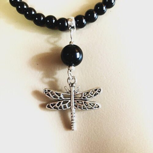 Onyx noir pendentif onyx et libellule collier 46/51 cm bijou homme femme.