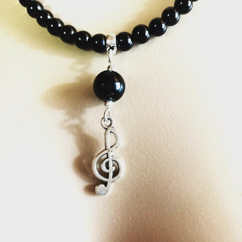 Onyx noir pendentif onyx et clé de sol collier 46/51 cm bijou homme femme.