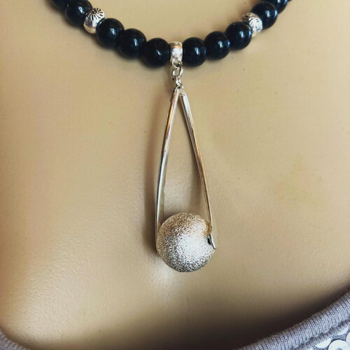 Onyx noir collier 52 cm pendentif argent plaqué pierre semi-précieuse bijou femme