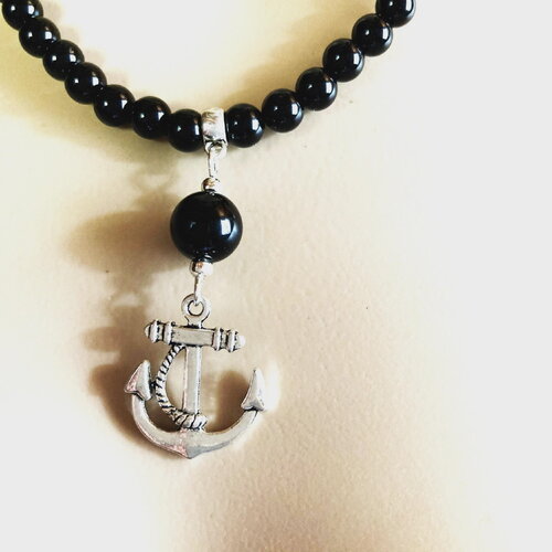 Onyx noir pendentif onyx et ancre de marine collier 47/52 cm bijou homme femme.