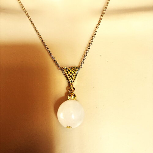 Pendentif quartz rose perle de 12mm sur collier chaîne dorée acier inoxydable 45/50 cm bijou femme