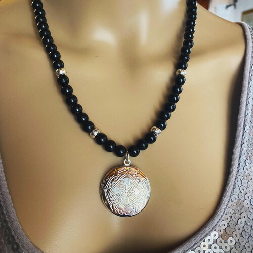 Onyx noir collier 52 cm médaillon ouvrant argent plaqué pierre semi-précieuse bijou homme femme