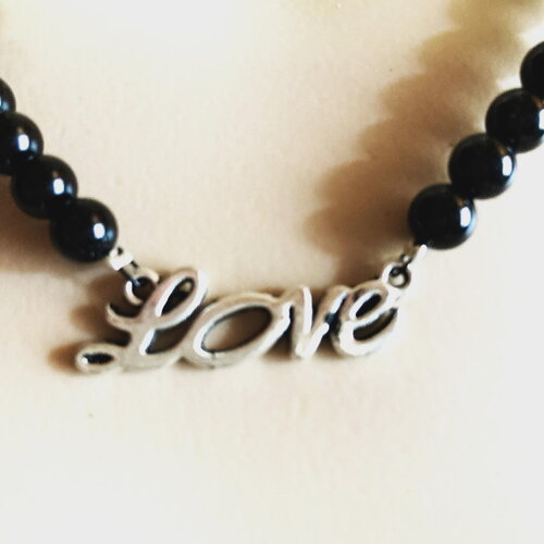 Onyx noir, pendentif love collier 48/53 cm bijou homme femme.