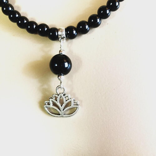 Onyx noir pendentif onyx et fleur de lotus collier 47/52 cm bijou femme, homme