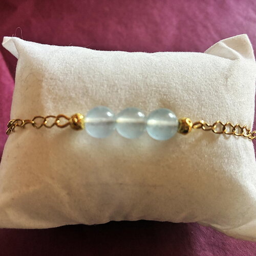 Bracelet réglable aigue marine perles de 8mm délicat chaîne dorée acier inoxydable bijou homme ou femme