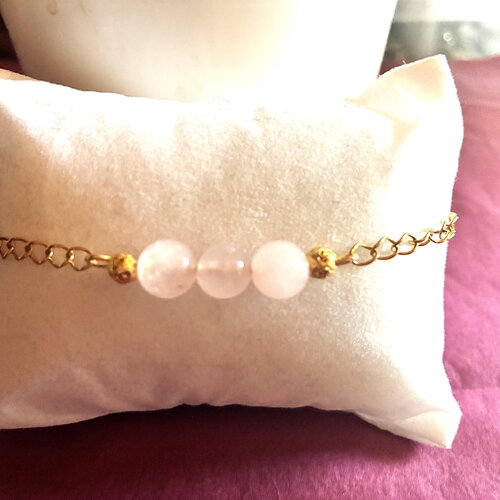 Bracelet réglable quarte rose perles de 8mm délicat chaîne dorée acier inoxydable bijou homme ou femme