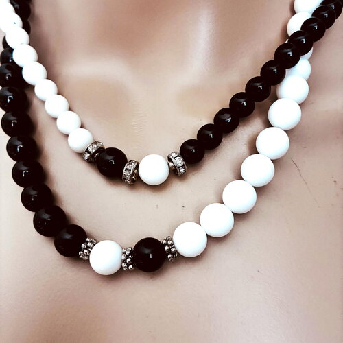 Collier onyx noir et onyx blanc au choix perles de 8 ou 10mm bracelet assorti bijou femme