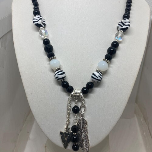 Collier onyx noir, céramique, cristal, création originale 48 cm bijou femme