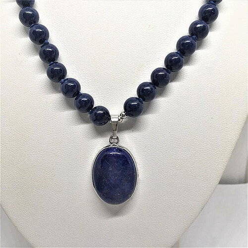 Lapis lazuli avec pendentif collier 47 cm, perles rondes de 8mm bijou femme.