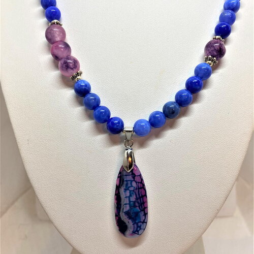 Agate bleue et kunzite collier 48 cm pendentif agate bijou femme
