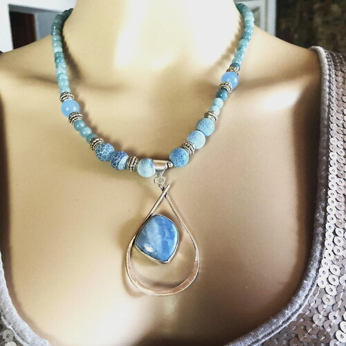 Collier aigue marine, agate, pendentif opale bleue pierres fines 48/53 cm bijou femme