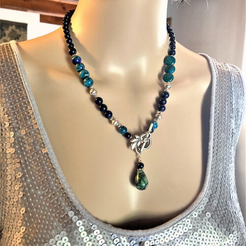 Collier lapis lazuli chrysocolle avec pendentif 50 cm bijou femme