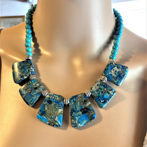 Collier turquoise, jaspe 47 cm turquoise rondes 8 mm 6 pièces en jaspe à la base bijou femme