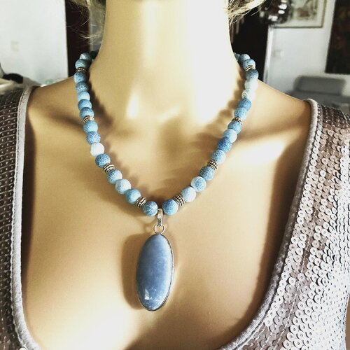 Aigue marine, agate, angélite collier pendentif pierres fines 48/53 cm bijou femme