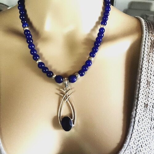 Collier saphir avec pendentif argent plaqué avec une pierre de saphir taillée 47/52 cm bijou femme