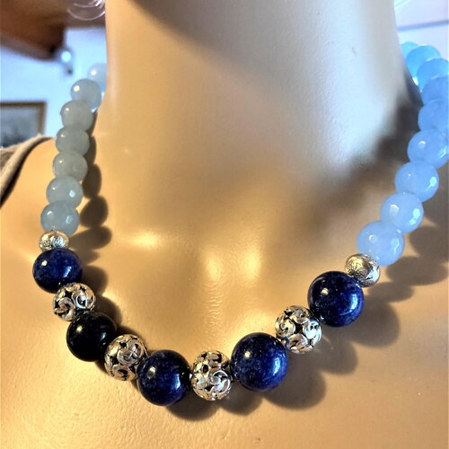 Lapis lazuli aigue marine superbe collier 45 cm, lapis lazuli de 14mm aigue marine facetté de 12mm bijou femme