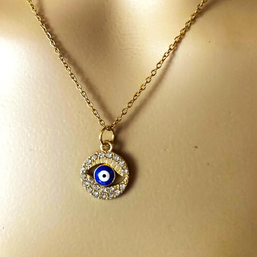 Pendentif porte bonheur grec protection strass tendance collier chaîne fine 40/45 cm bijou homme femme