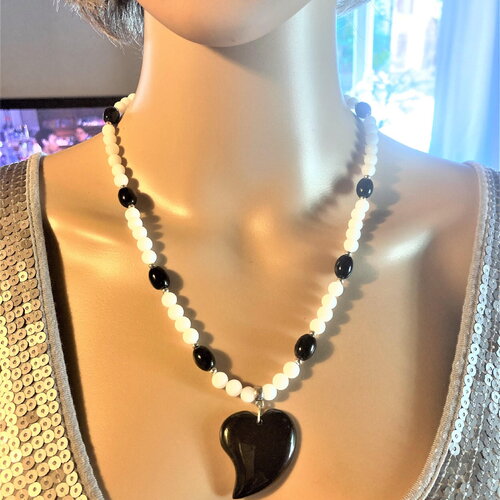 Onyx noir onyx blanc pendentif coeur en onyx noir collier 51 cm pierre semi précieuse bijou femme